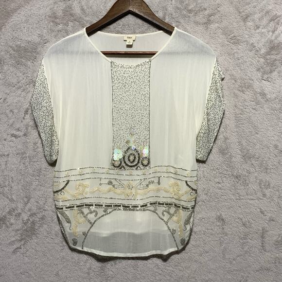 Anthropologie Tops - Anthropologie Brooke Beaded Blouse Womens Small Ivory Embellished Art Deco 1920s